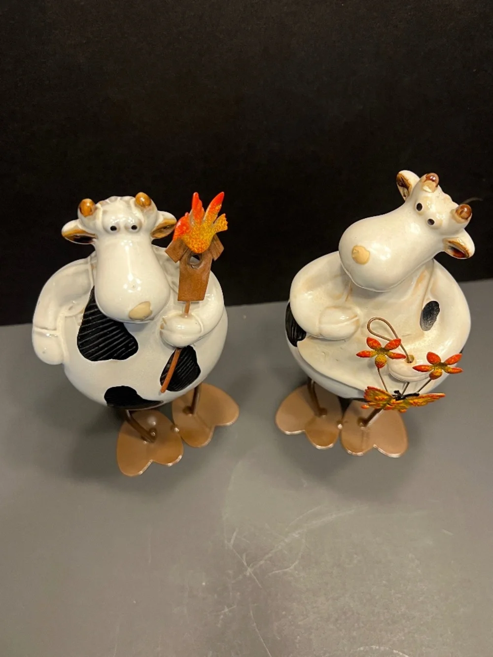 Long Leg Black & White Cow Holding Bird House, Bird and Flowers Set of 2 RARE